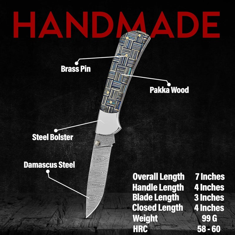 BE BREAK EDGE Damascus Steel Folding EDC Knife with Blue Geometric Pattern Handle, Handcrafted Steel, Tactical Outdoor, use in Camping Hunting and Crafting, Best Gift for Boy Friend. - Image 2
